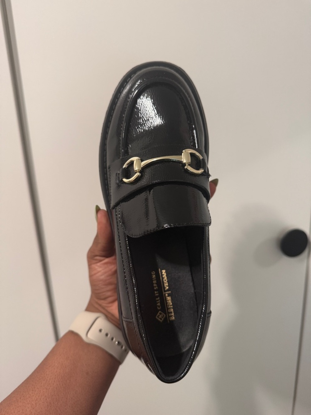 Call It Spring Black Patent Leather Loafers with Gold Bit